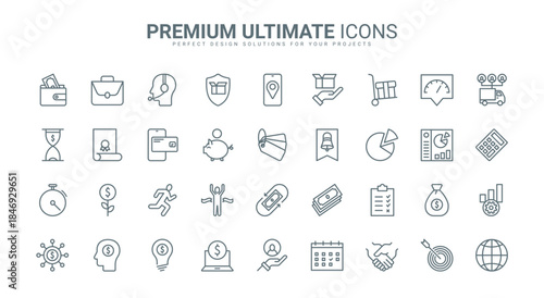 Economy, finance and money thin line icons set vector illustration. Abstract outline electronic wallet, piggy bank and currency flow, handshake and payment, shopping delivery protection in mobile app