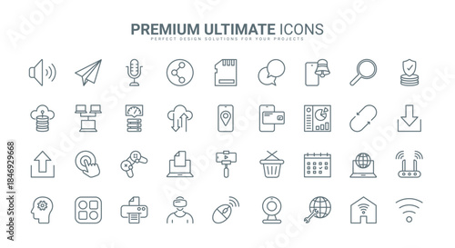 Web communication thin line icons set vector illustration. Outline router and high speed internet for data exchange and download, mobile apps for shopping and online cloud storage, cybersecurity