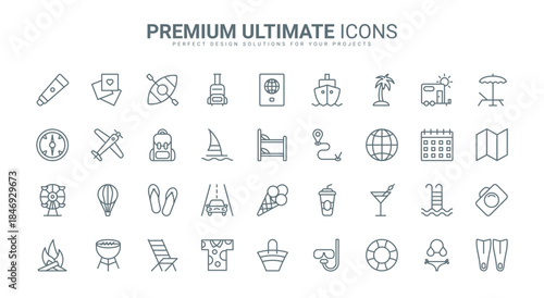 Summer beach vacation, outdoor tourism and travel holidays thin line icons set vector illustration. Outline palm tree and passport for airplane or ship trip, backpack and luggage, compass and camera