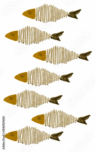 a pattern of animal fish with wood bones texture issolated on white