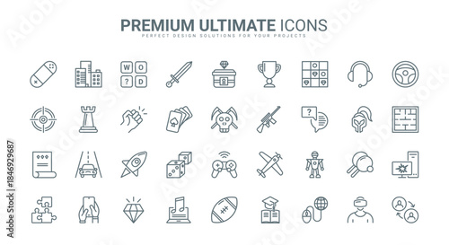 Game technology for computer and mobile phone thin line icons set vector illustration. Outline collection with virtual reality, arcade and sport, education and strategy desktop video game to play