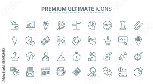 Digital marketing, social media strategy and management thin line icons set vector illustration. Outline business technology to research market, target information for campaign of advertising product