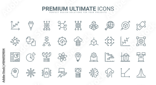 Data report and science model research, deep analysis with AI thin line icons set vector illustration. Abstract outline machine learning, probability calculation, algorithms and system prediction