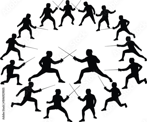 Fencing silhouette set, sword fighting poses, martial sport action scenes, duel movement figures, black athlete illustration collection