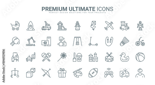 Toys for games of boys and girls thin line icons set vector illustration. Outline childhood pictogram collection with baby stroller, rubber duck and car, entertainment for leisure of children