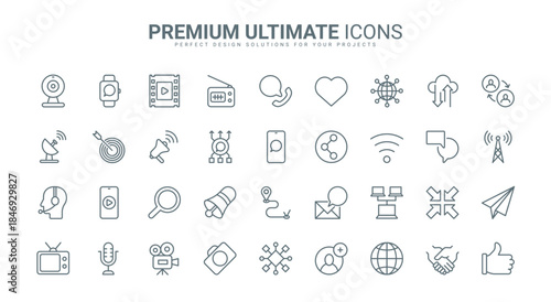 Social media, global network communication thin line icons set vector illustration. Outline radio broadcast, video and photography, chat messages in speech bubbles from contacts, television tower