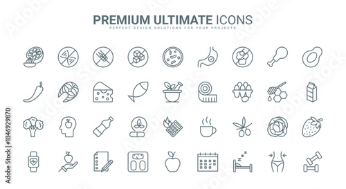 Nutrition thin line icons set vector illustration. Outline diet and sport in gym to slim, balance detox with water and healthy menu without sugar, GMO and gluten free, fresh vegetarian vitamin food