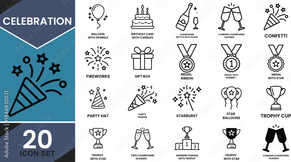 Fototapeta premium Celebration and party outline icon set featuring festive elements for various events Vector