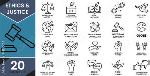 A comprehensive set of outline icons representing ethics, justice, and social responsibility Vector