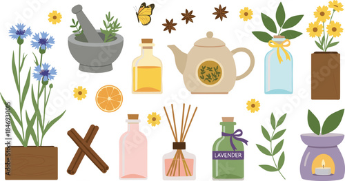 Vector Set of Aromatherapy, Essential Oil, and Herbal Wellness Products; Lavender, Cornflower, Teapot, Oil Diffuser, Mortar, and Pestle Collection.