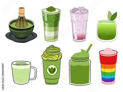 matcha drinks desserts illustration colorful aesthetically pleasing