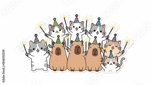 Cute cartoon cats and capybaras wearing party hats and holding sparklers, celebrating together.