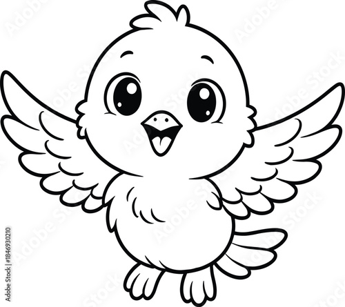 This charming black-and-white illustration depicts a cute cartoon bird with spread wings and a joyful expression. Perfect for coloring activities, this design encourages creativity and is ideal for ch
