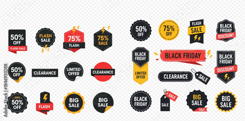 Collection of various sale and discount tags, badges, and labels for promotions and marketing.