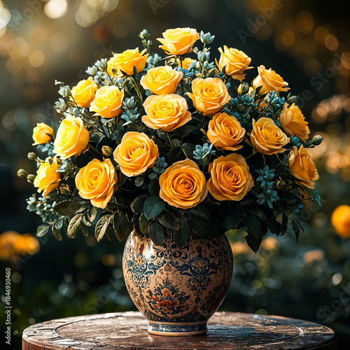 Elegant Bouquet of Yellow Roses in Decorative Ceramic Vase on Rustic Wooden Table with Soft Bokeh Garden Background, Luxury Floral Still Life Photography