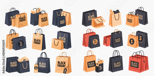 Set of Black Friday shopping bags for sale, discount, and promotion.