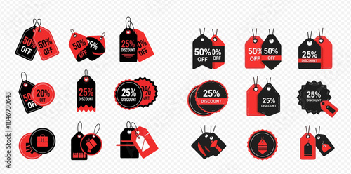 Collection of various black and red discount tags and sale labels for promotion.