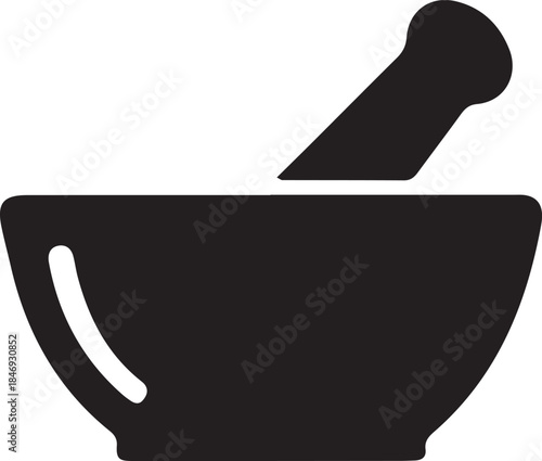 Black Silhouette Mortar and Pestle Icon Symbolizing Pharmacy, Medicine Preparation, Apothecary, and Traditional Herbal Remedies