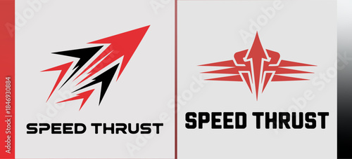 Speed Thrust angular bolt logos with sharp red arrows and streaks, high‑energy motion marks for racing teams, sports branding and performance apparel