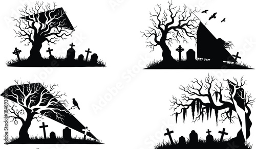 graveyard, silhouette, tree, gravestone, shadow, beam, triangle, spooky, eerie, ghost, crow, black, white, icon, illustration, vector, design, symbol, Halloween, horror
