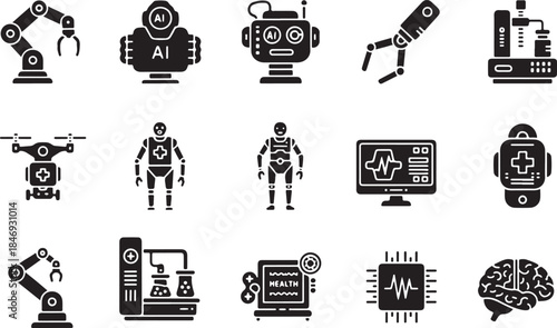 Collection of Robotics and AI in Medicine Icons Including Robotic Arms, Drones, Humanoids, and Health Monitoring Devices