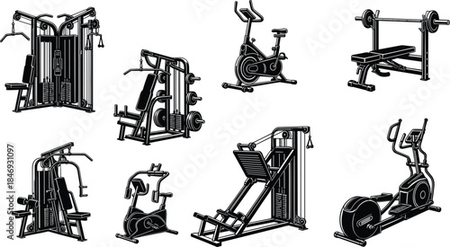 Gym equipment silhouette set, fitness machines icons, workout tools, strength training collection, cardio machines, black vector illustration isolated