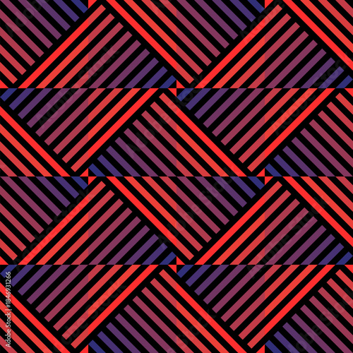 Vector geometric seamless pattern with neon red lines, stripes, triangles, square tiles. Abstract sport style urban graphic texture. Trendy background in retro Y2K style. Modern gradient design