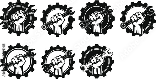 hand, wrench, gear, silhouette, grip, fist, tool, black, white, icon, illustration, vector, design, symbol, labor, mechanical, industry, engineering, strength, craftsmanship