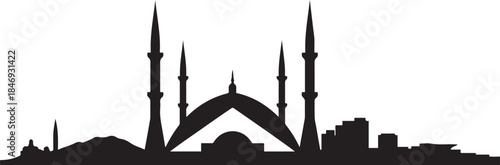 Pakistan country skyline, featuring Faisal Mosque. design Vector black silhouette