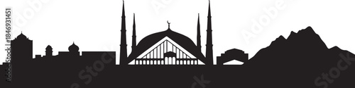 Pakistan country skyline, featuring Faisal Mosque. design Vector black silhouette