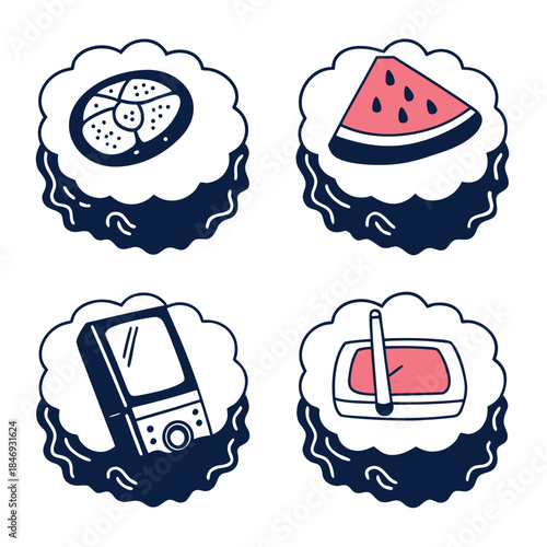 Hand Drawn Lifestyle Vector Icon Set with Sushi Watermelon MP3 Player and Makeup