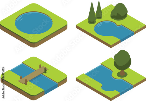 Isometric landscape tiles with water ponds rivers trees and bridge for nature map design flat vector illustration se