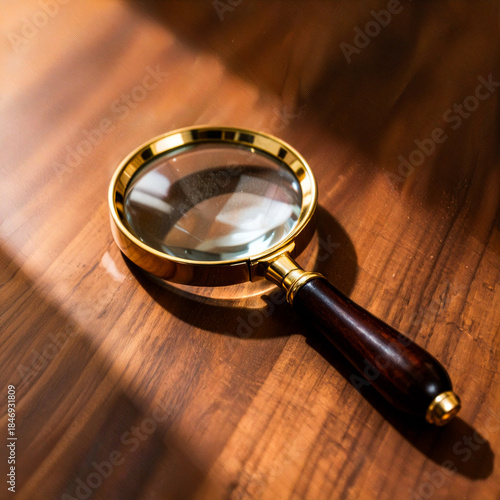 Vintage Magnifying Glass with Golden Frame on Wooden Desk in Warm Light, Concept of Research, Investigation, Analysis and Attention to Detail