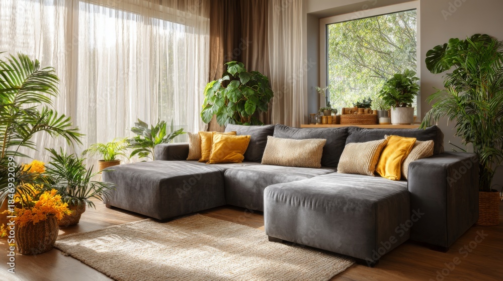Obraz premium Modern cozy living room with grey sofa, indoor plants, natural light, and warm home decor