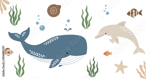 Vector Set of Cute Stylized Marine Animals and Sea Elements; Blue Whale, Dolphin, Fish, Starfish, Seashell, and Seaweed for Kids Decoration.