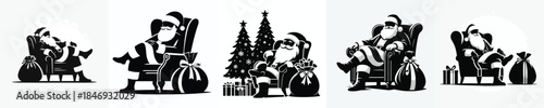 vector silhouette of santa claus sitting on a chair with a sack of christmas gifts