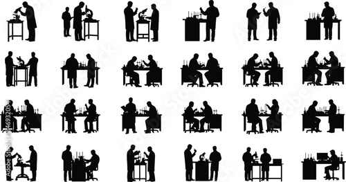 Large Set of Scientist Silhouettes Working in Laboratory with Microscopes and Lab Equipment for Science Research Medical and Chemistry Concepts