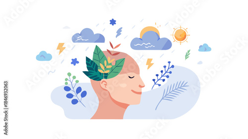 An illustrated concept of a calm human head filled with peaceful symbols like leaves, clouds, and light, promoting mental health awareness.