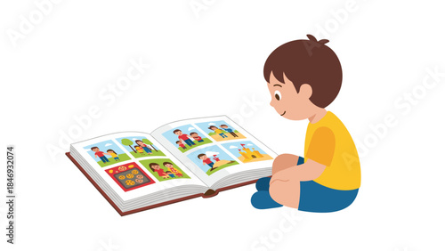 Young boy engrossed in a colorful storybook, happily viewing illustrated panels and enjoying a quiet reading moment.
