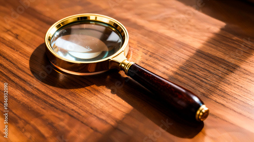 Vintage Magnifying Glass with Golden Frame on Wooden Desk in Warm Light, Concept of Research, Investigation, Analysis and Attention to Detail