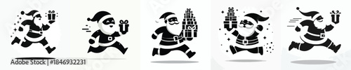 vector silhouette of santa claus running carrying gifts