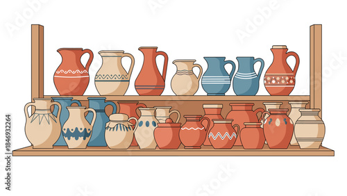 Collection of ancient pottery and ceramic jugs displayed on wooden shelves evokes a sense of history and craftsmanship.