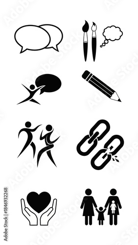 Collection of black and white outline and solid icons for dialogue artistic expression movement connection protection and family relationships