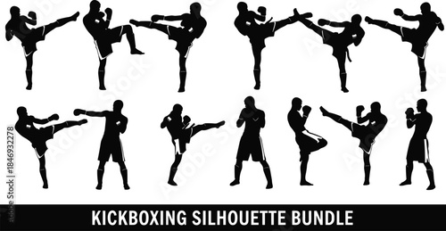 kickboxing, fighter, silhouette, pose, punch, kick, martial, art, combat, black, white, icon, illustration, vector, design, symbol, action, sport, bundle, defense