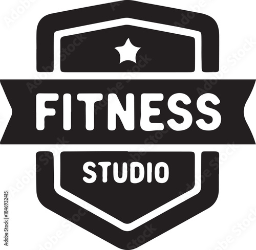 Vintage Black and White Fitness Studio Badge Logo Design with Star and Banner for Gym, Workout, Health, and Wellness Branding