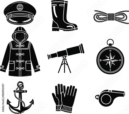 Nautical maritime icons set featuring anchor, compass, rope, boots, coat, gloves, telescope, whistle, captain hat for sea themes