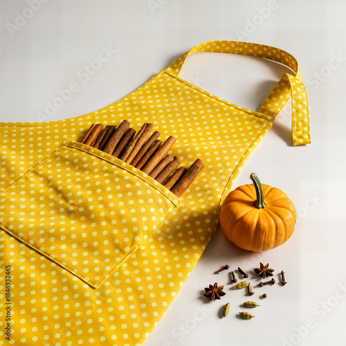 Wallpaper Mural "Yellow Polka-Dot Apron with Front Pockets Filled with Cinnamon Sticks Beside Pumpkin — Autumn Baking and Cozy Kitchen Essentials" Torontodigital.ca