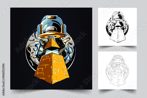 UFO alien spaceship hovering over golden ancient pyramid mascot logo