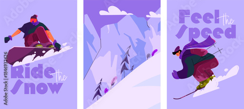 Set of winter sport posters with snowboarder, skier and mountain landscape. Vector illustrations for ski resort promotion, winter travel ads, posters, banners, wall art and seasonal design projects