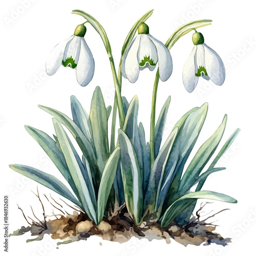 Snowdrop Flower, clipart watercolor vector with vivid accents and harmonious tones, isolated on a white background.